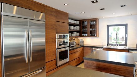 A chic kitchen with stunning storage cabinets.