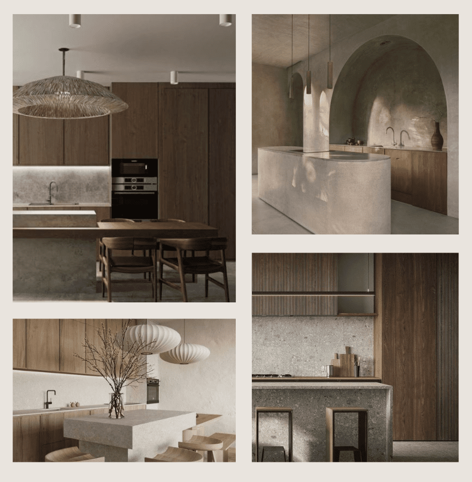 Montage de quelques tendances de cuisine en 2024 de style Japandi.