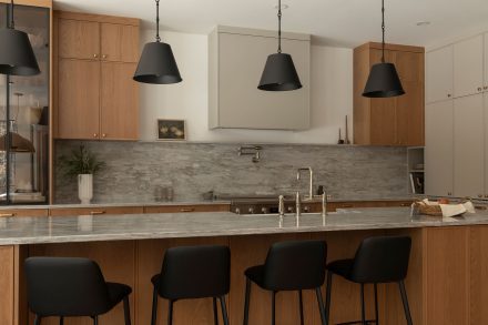 cuisine contemporaine avec un grand ilot central. Son comptoir et le dosseret de la cuisine est de quartz. Les armoires sont en bois. 