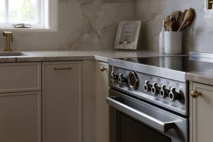 Cuisine haut de gamme conçue par Ateliers Jacob à Montréal, mariant des armoires crème avec des poignées en laiton, un îlot en bois clair et un comptoir en marbre. La hotte sculpturale et les luminaires suspendus ajoutent une touche artisanale et contemporaine à l’ensemble.