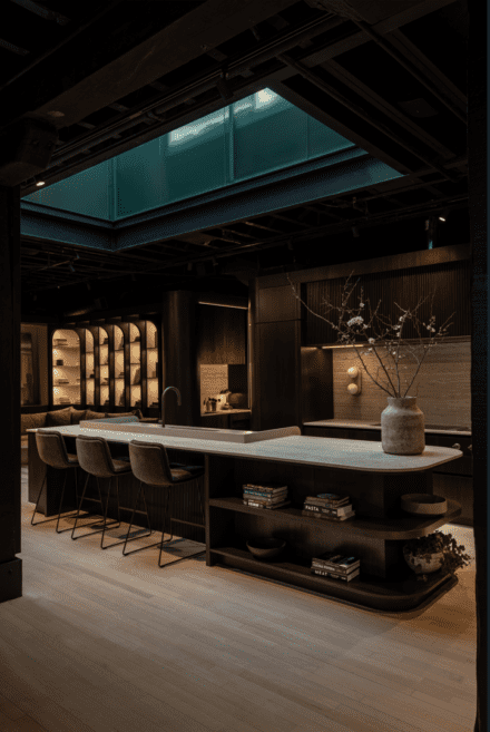 Kitchen by Ateliers Jacob: large island with curved open shelving, dark cabinetry and skylight create a warm, sophisticated loft atmosphere.