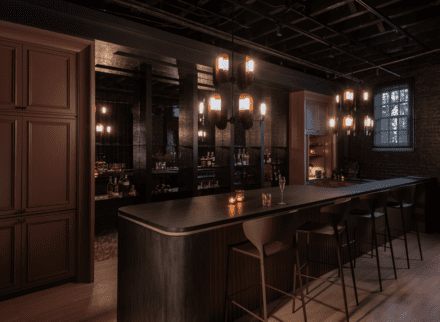 Speakeasy bar by Ateliers Jacob: long fluted counter, antique mirrored back wall and brass lighting set a moody, refined cocktail atmosphere.